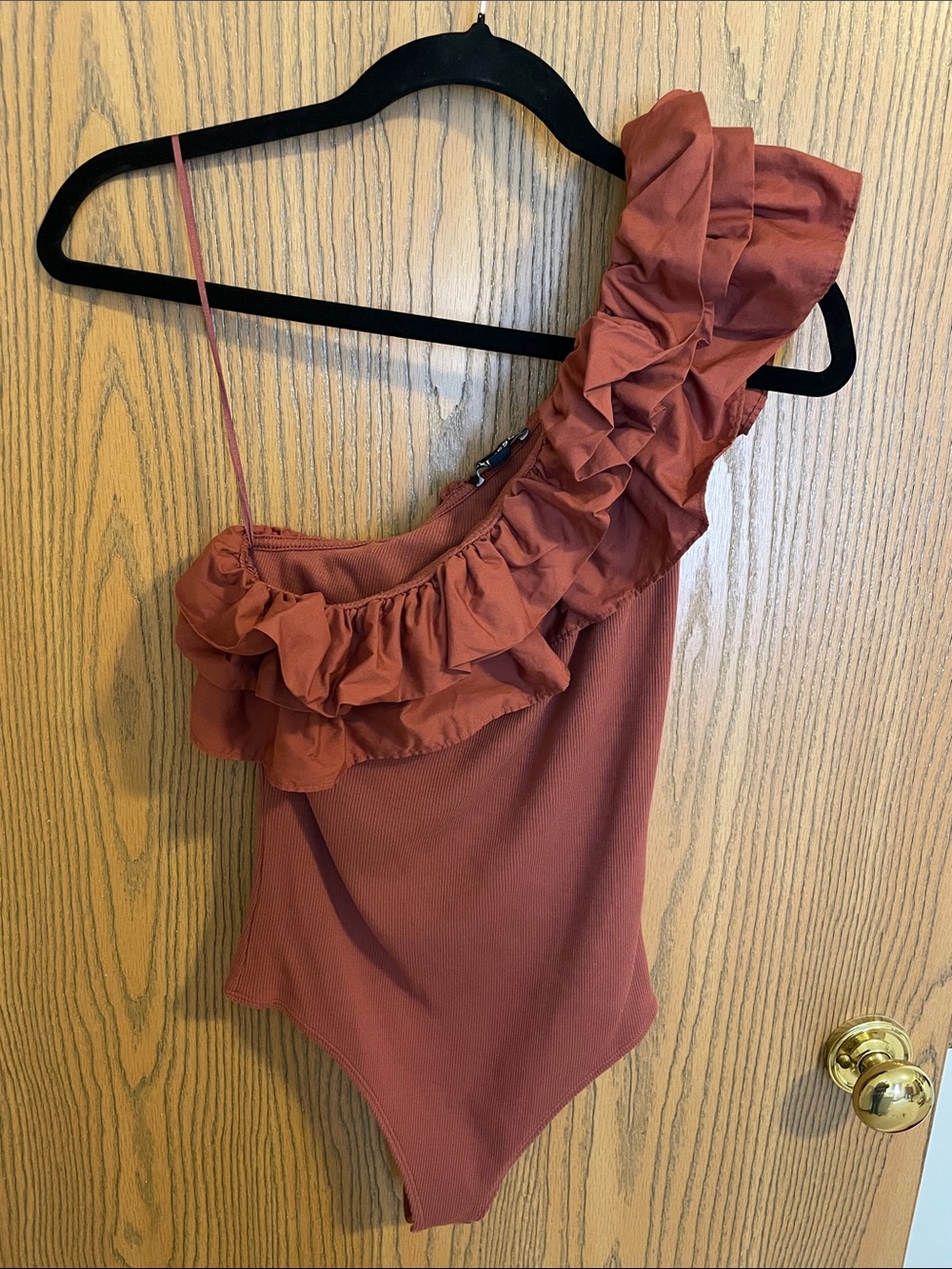 Express One-Shoulder Ruffle Bodysuit in Rusty Terracotta